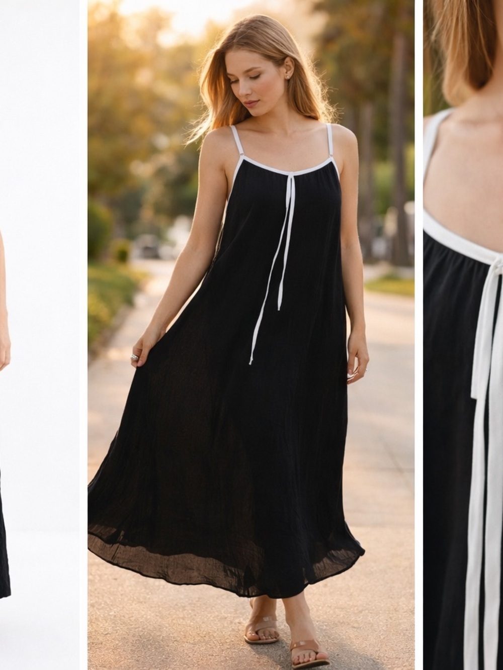 SHEIN Black Backless Spaghetti Strap Maxi Dress with White Trim